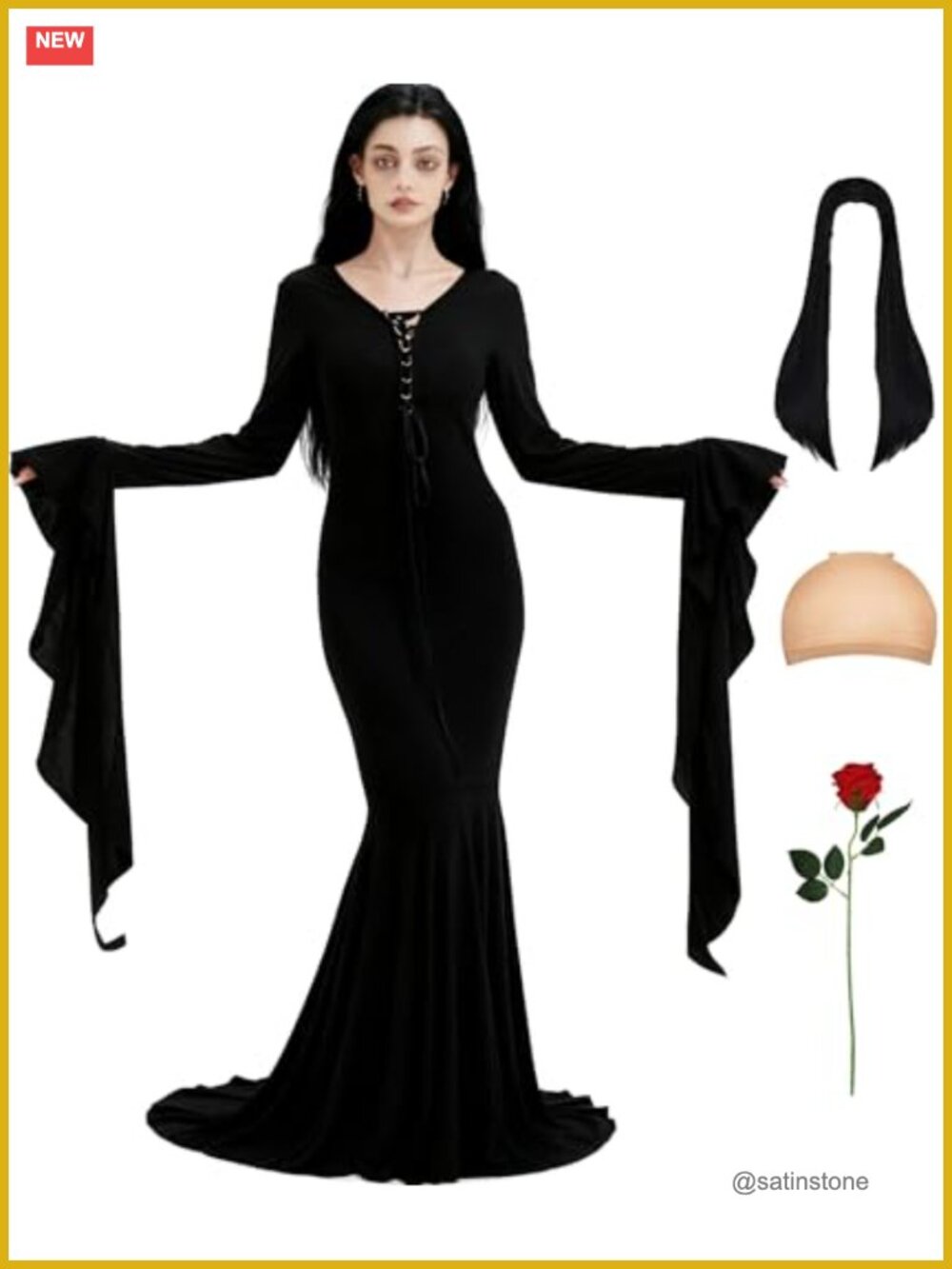 Gothic Witch Maxi Dress 4-Piece Costume Set with Wig and Roses for Halloween
